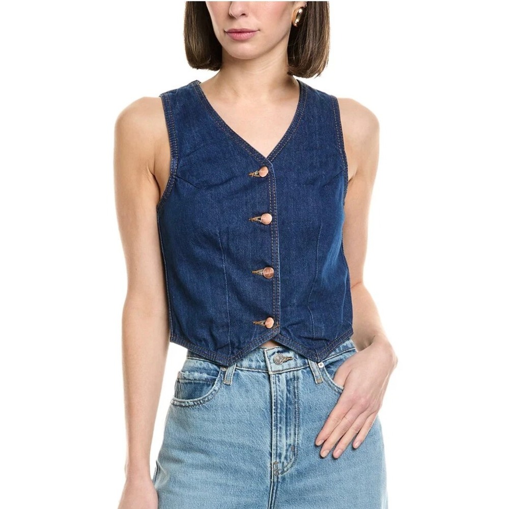 NWT Wrangler x STAUD Denim Vest Dark Wash Cropped Button Front Womens Size S